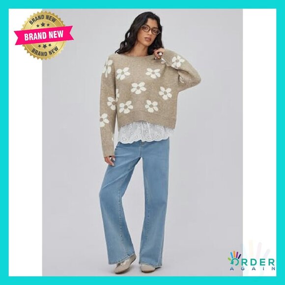 Floral Knit Pullover Sweater Long Sleeve Cozy Fall Fashion Casual Wear - Picture 3 of 7